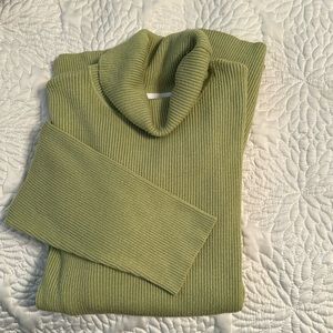 Green turtle neck sweater.